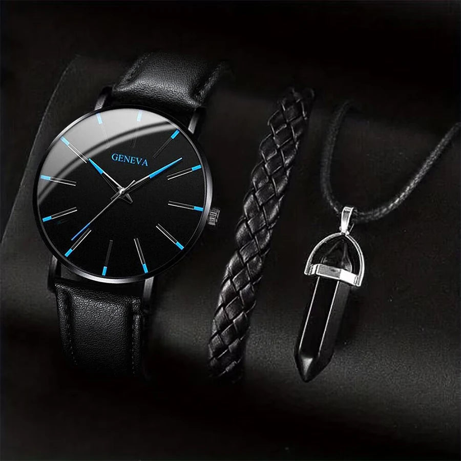 Kit Relógio Masculino 3 Peças – Relógio + Pulseira + Colar