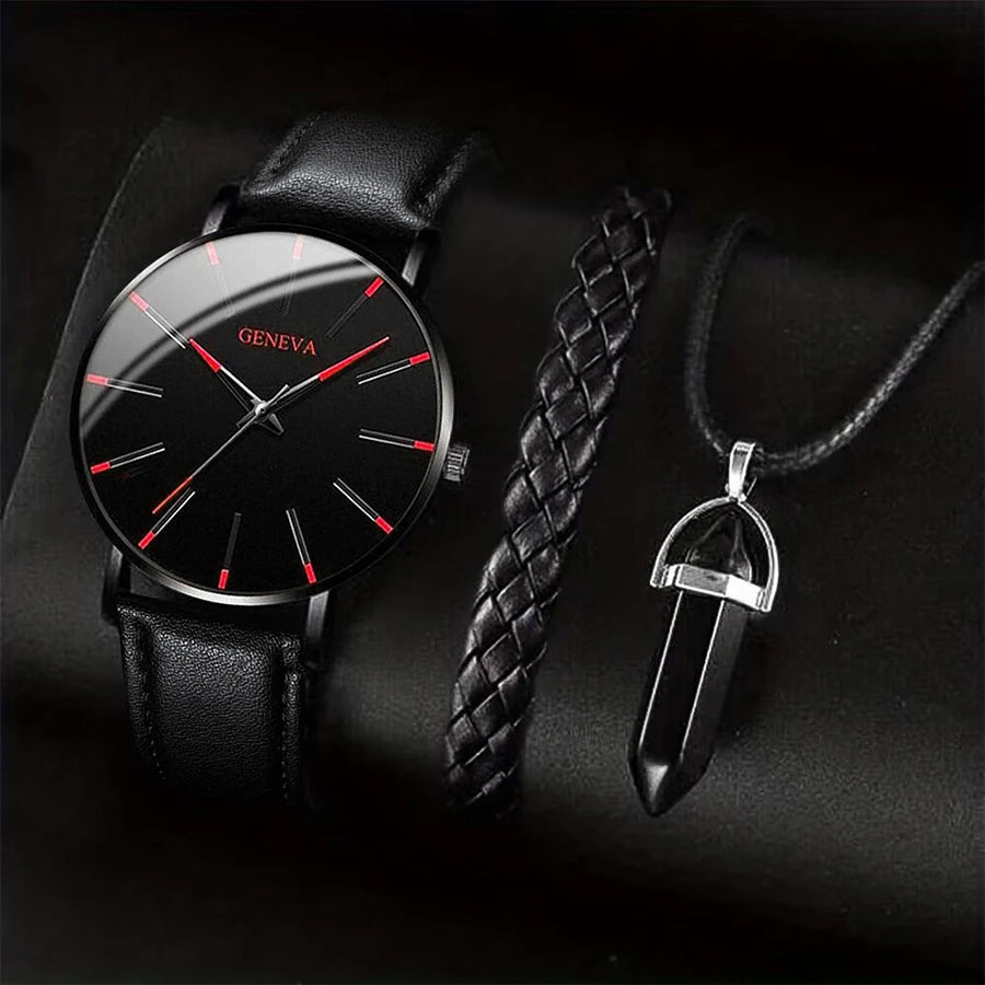 Kit Relógio Masculino 3 Peças – Relógio + Pulseira + Colar