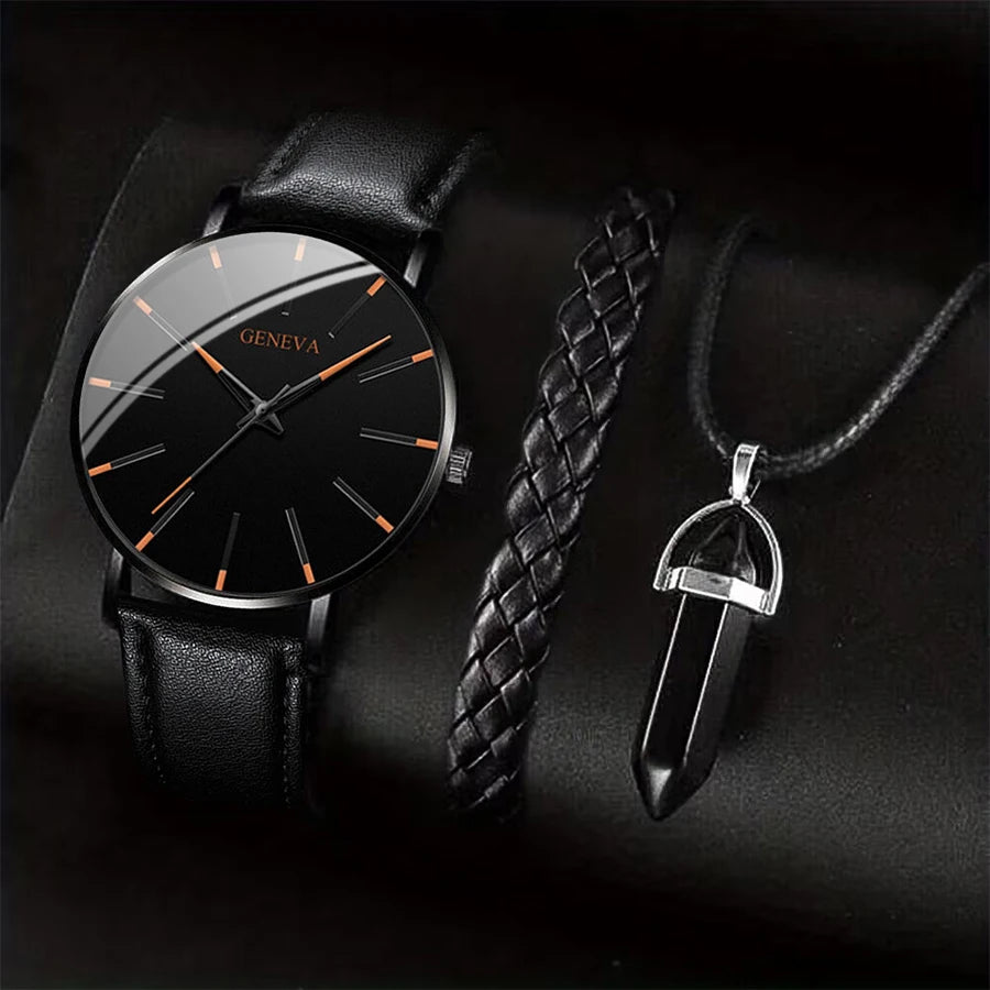 Kit Relógio Masculino 3 Peças – Relógio + Pulseira + Colar
