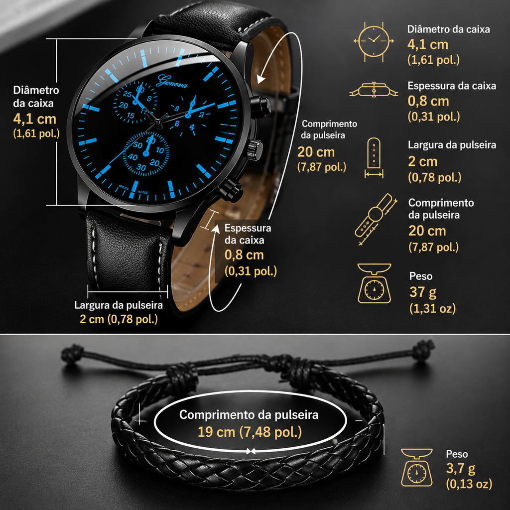 Kit Relógio Masculino 3 Peças – Relógio + Pulseira + Colar