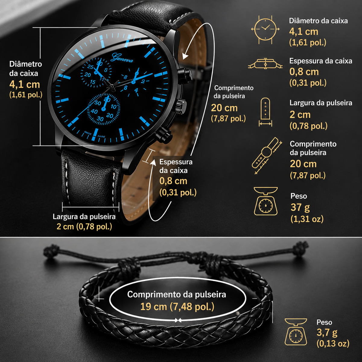 Kit Relógio Masculino 3 Peças – Relógio + Pulseira + Colar